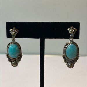 Vintage Sterling Silver Amazonite Gemstone Oval Drop Earrings 925 Ornate Dangle